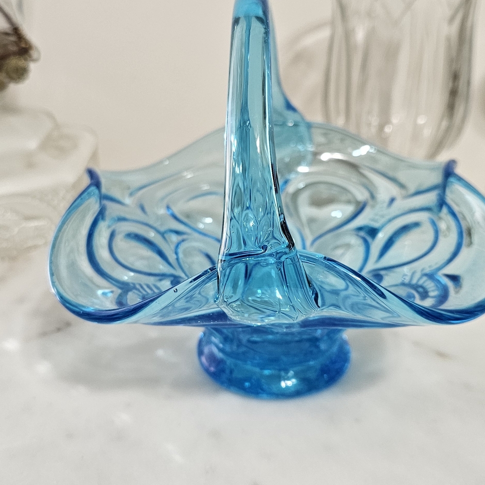 Fenton Turquoise Blue Pressed Glass Basket Vase - Picture 3 of 5